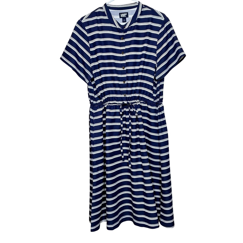 Lands End Nautical Costal Dress Size L Navy Striped Midi Vacation Boating Preppy